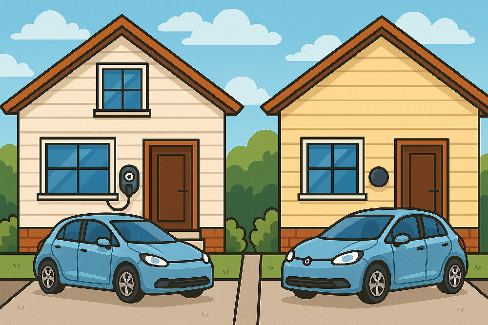 Two different chargers affixed to cartoonised houses, one displaying a tethered charger, the other an untethered charger